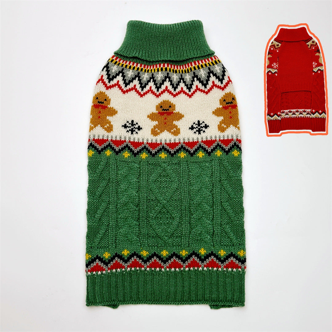 Christmas dog sweater in red and green with gingerbread and reindeer designs