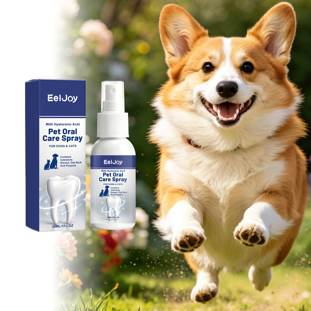 Pet oral care spray bottle displayed with its product packaging
