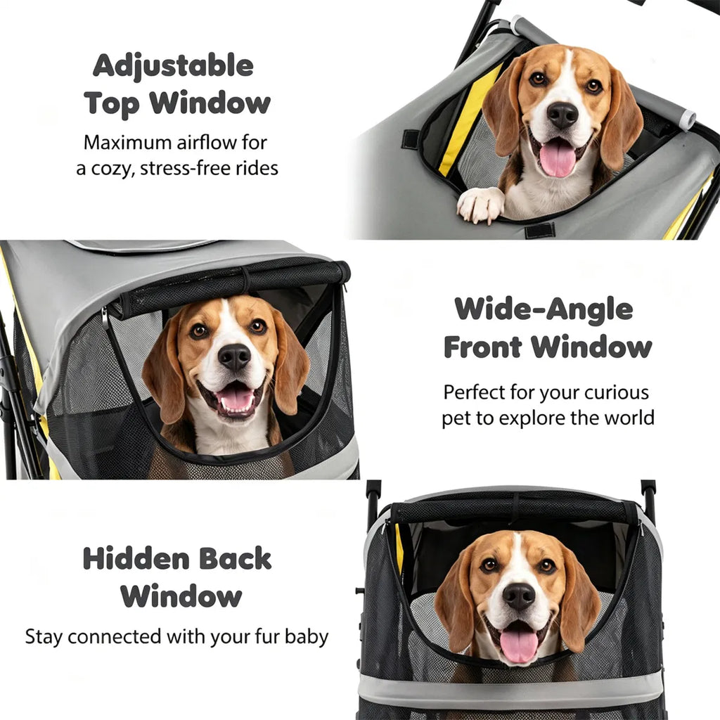 Large dog stroller showing the full foldable frame and pet compartment