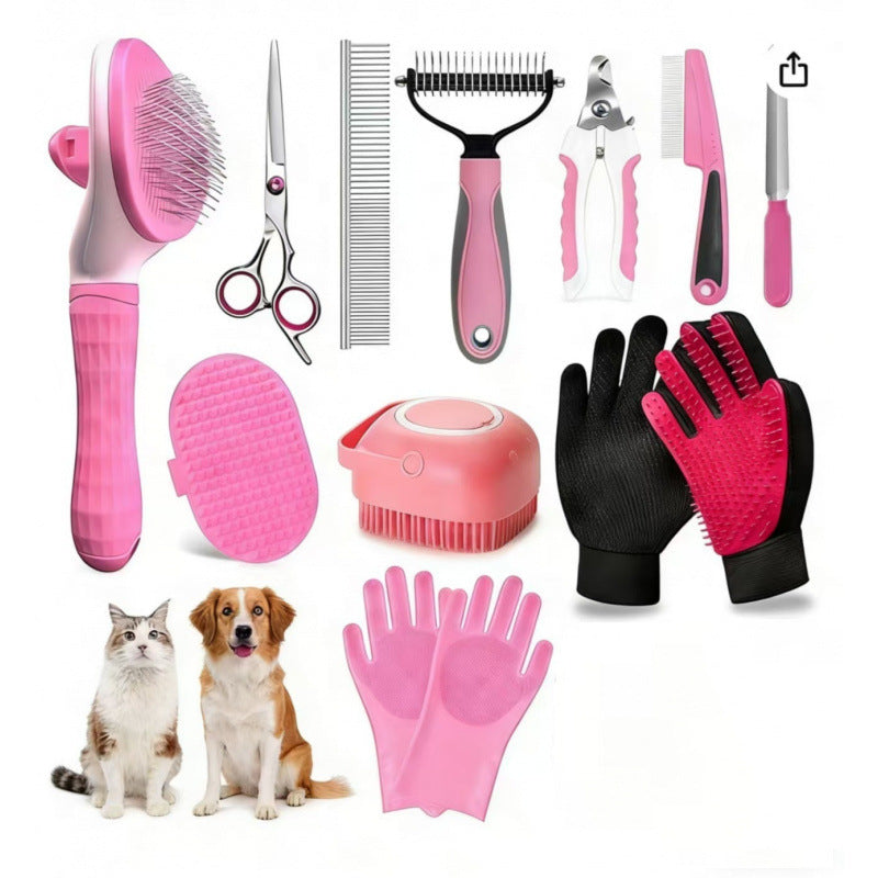 Pet grooming and care kit showing the included grooming accessories