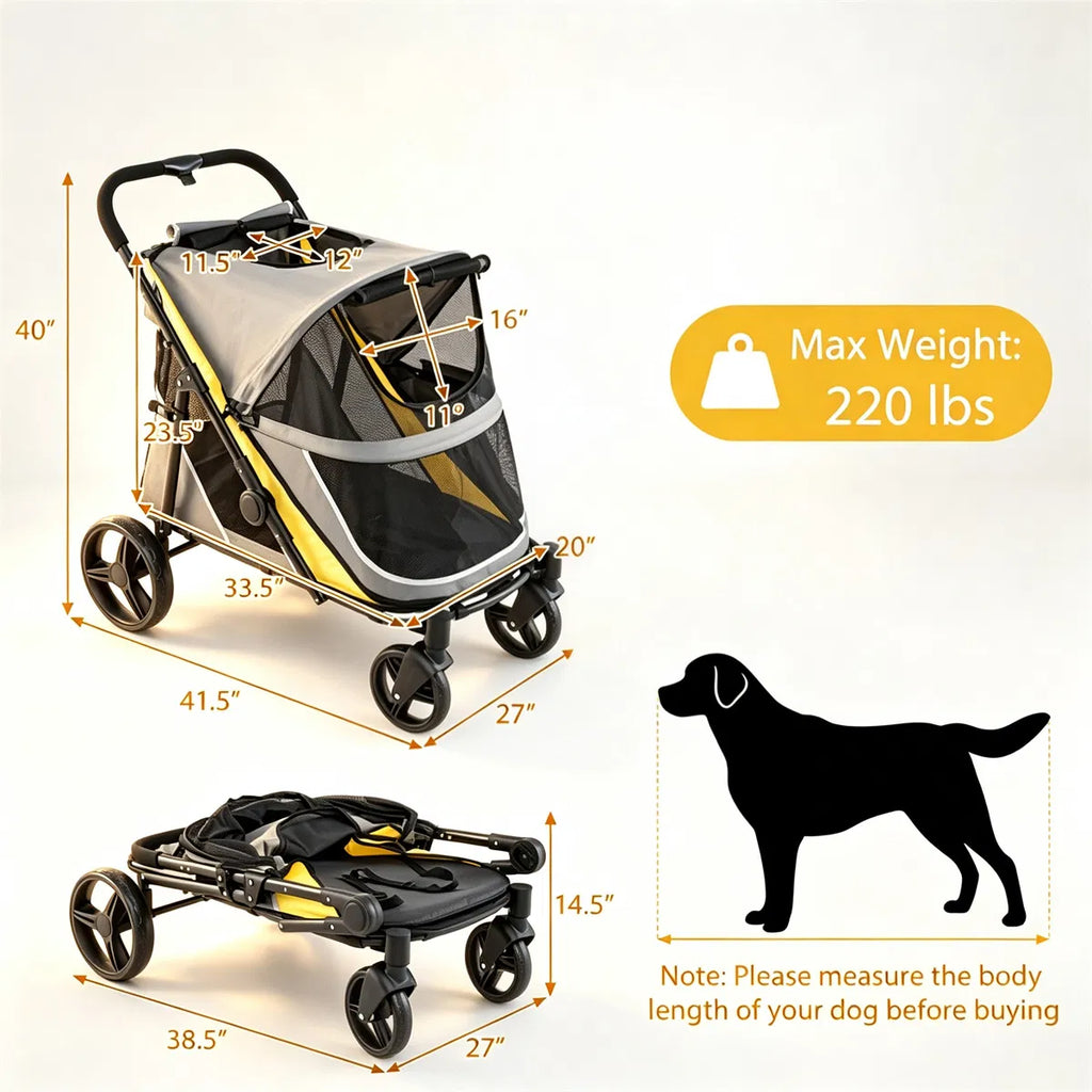 Large dog stroller showing the full foldable frame and pet compartment
