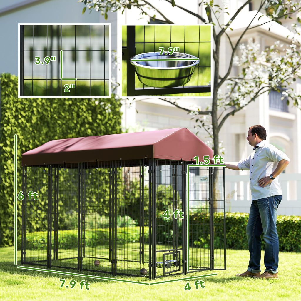 Outdoor dog kennel in red with walk-in access and covered enclosure