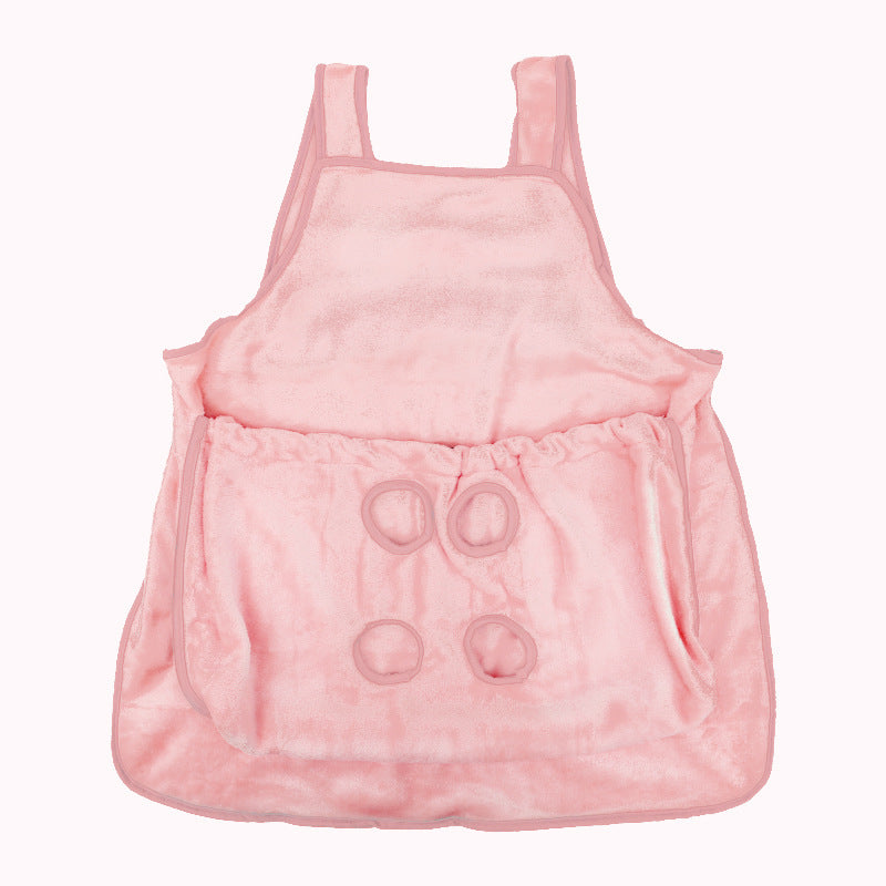 Pet carrier apron with plush pocket shown from the front