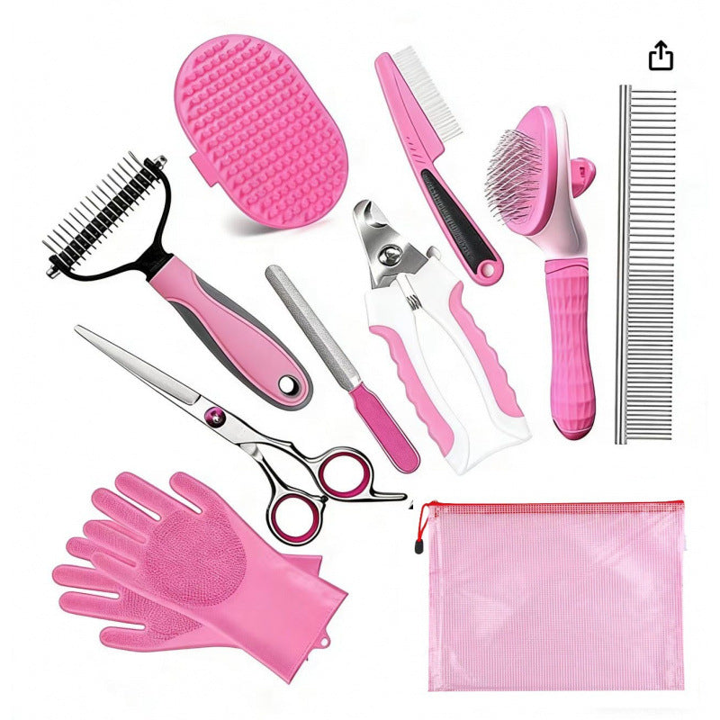Pet grooming and care kit showing the included grooming accessories