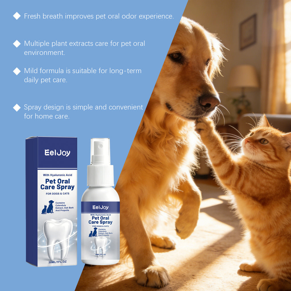 Pet oral care spray bottle displayed with its product packaging