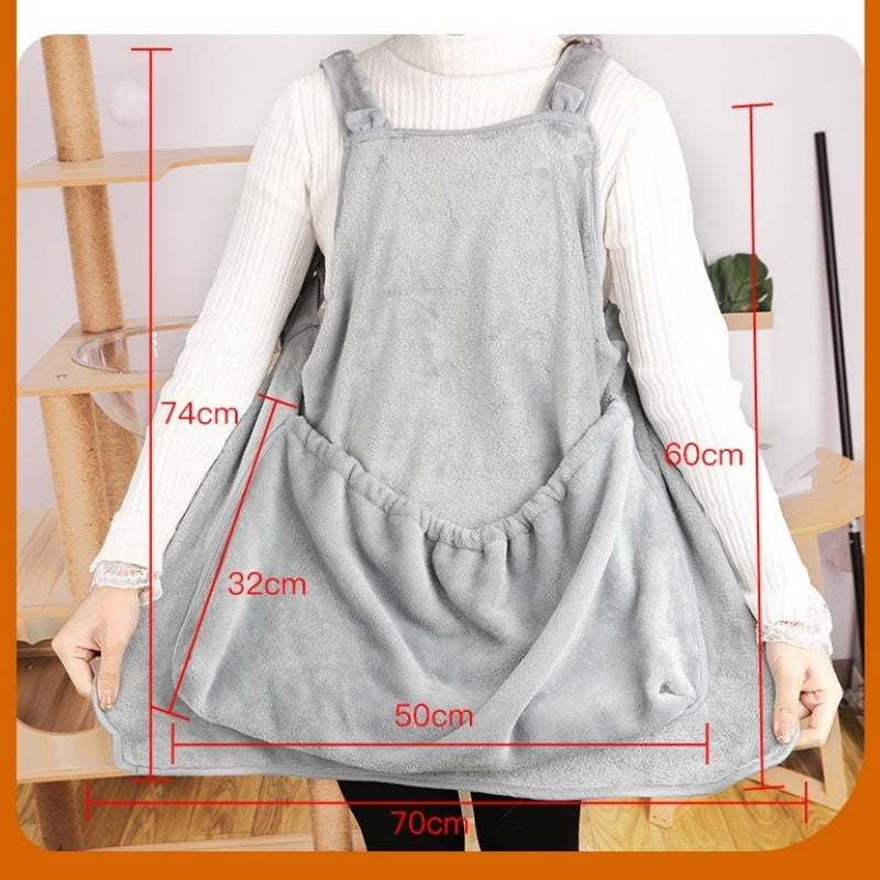 Pet carrier apron with plush pocket shown from the front