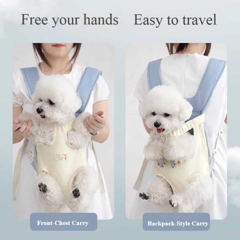 Dog carrier backpack showing the full wearable chest carrier design